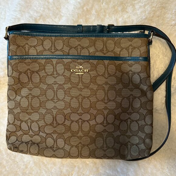 Coach Beige/Blue Signature Coated Canvas File Crossbody Bag - Picture 1 of 3